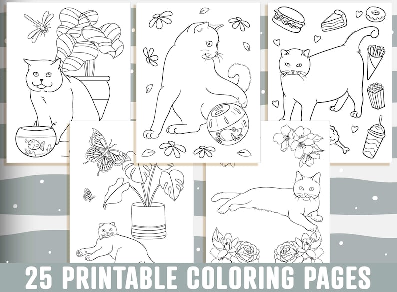 May include: A set of 25 printable coloring pages featuring cute cats in various poses and settings. The pages include cats playing with toys, relaxing in plants, and enjoying treats.  These black and white illustrations are perfect for kids and adults who love to color.