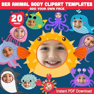 Plantillas de imágenes prediseñadas del cuerpo de la vida marina: agregue su foto de la cara 20 recortes de animales marinos imprimibles para niños Manualidades de bricolaje Actividad creativa y divertida con temática marina