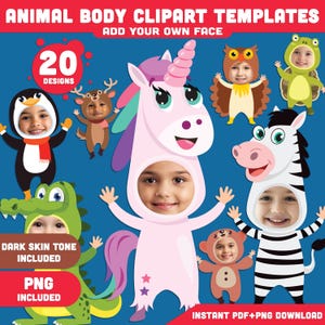 Animal Body Clipart Templates: Funny Body Cutouts, DIY Face Swap Craft, Add Your Own Photo Activity, Light + Dark Skin Tone, PDF + PNG