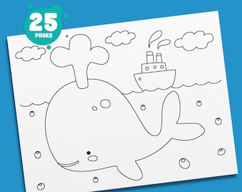 Dibujos para colorear de animales submarinos: 25 divertidas hojas de actividades para niños en edad preescolar y jardín de infantes, archivo PDF, descarga instantánea