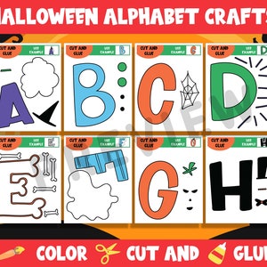Halloween Alphabet Aktivitäten, Gruseliges ABC Handwerk, 53 Seiten, A-Z, Farbe/Schneiden/Kleber, Plus Farbe Version, mit Versteckspiel