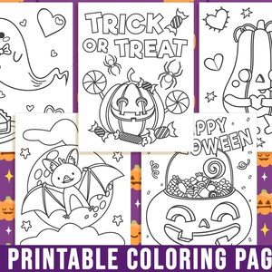 May include: A set of 25 printable coloring pages featuring various Halloween themes, including a ghost, a bat, a pumpkin, a candy bucket, and a gourd. The pages are black and white and ready to be colored.