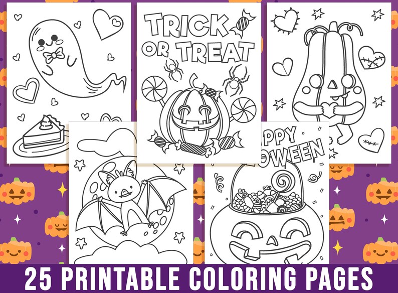 May include: A set of 25 printable coloring pages featuring various Halloween themes, including a ghost, a bat, a pumpkin, a candy bucket, and a gourd. The pages are black and white and ready to be colored.
