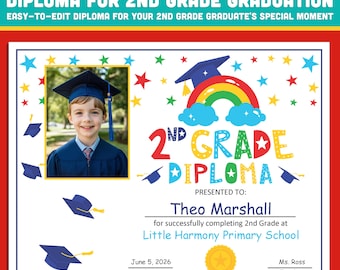 Editable Second Grade Diploma Template with Photo: Customizable 8.5x11 PDF & PowerPoint for Graduation and Achievement Recognition Events