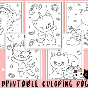 May include: A collection of 21 printable coloring pages featuring whimsical cat illustrations. The black and white drawings include cats with unicorn horns, rainbows, and other cute accessories. The text at the bottom reads "21 PRINTABLE COLORING PAGES".