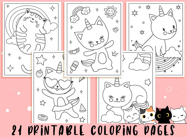 May include: A collection of 21 printable coloring pages featuring whimsical cat illustrations. The black and white drawings include cats with unicorn horns, rainbows, and other cute accessories. The text at the bottom reads "21 PRINTABLE COLORING PAGES".