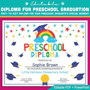 Plantilla editable para diploma preescolar: personalizable en tamaño carta, PDF y PowerPoint, ideal para ceremonias de graduación de fin de año memorables