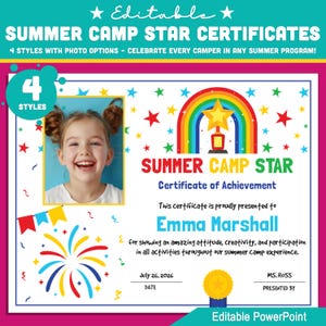 Editable Summer Camp Star Certificates – 4 Styles with Photo Option, PowerPoint Template for All Camp Activities, Instant Download.