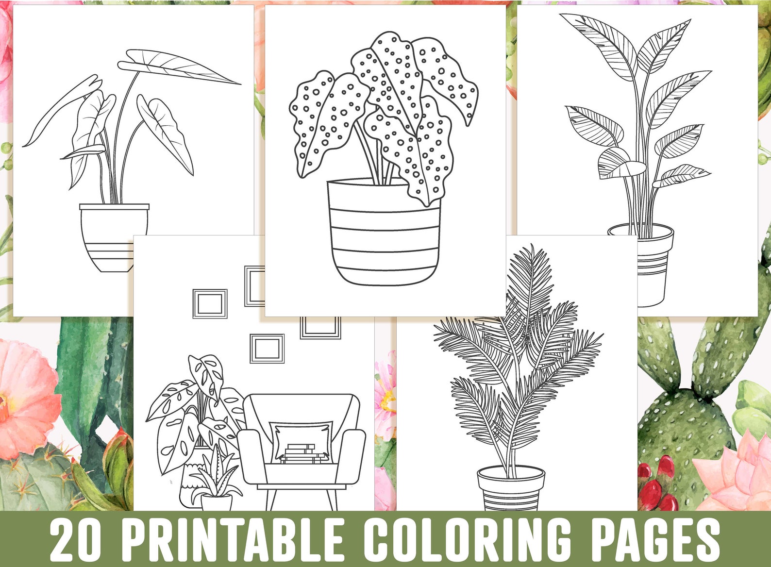 Houseplant Coloring Pages 20 Printable Adorable Succulent | Etsy