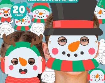 Druckbare Schneemann Masken Vorlagen: Spaß Winter Papiermodell für Kinder, vorgefärbt + schwarz und weiß, perfekt für die Weihnachtsfeier im Klassenzimmer.