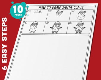 May include: A printable worksheet with 10 pages of instructions on how to draw Santa Claus in 6 easy steps. The worksheet includes a blank page for drawing.