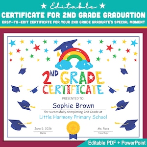 Modelo de certificado de segundo grau personalizável: PDF e PowerPoint editáveis, perfeitos para formaturas e prêmios de reconhecimento, tamanho de carta 8,5 x 11
