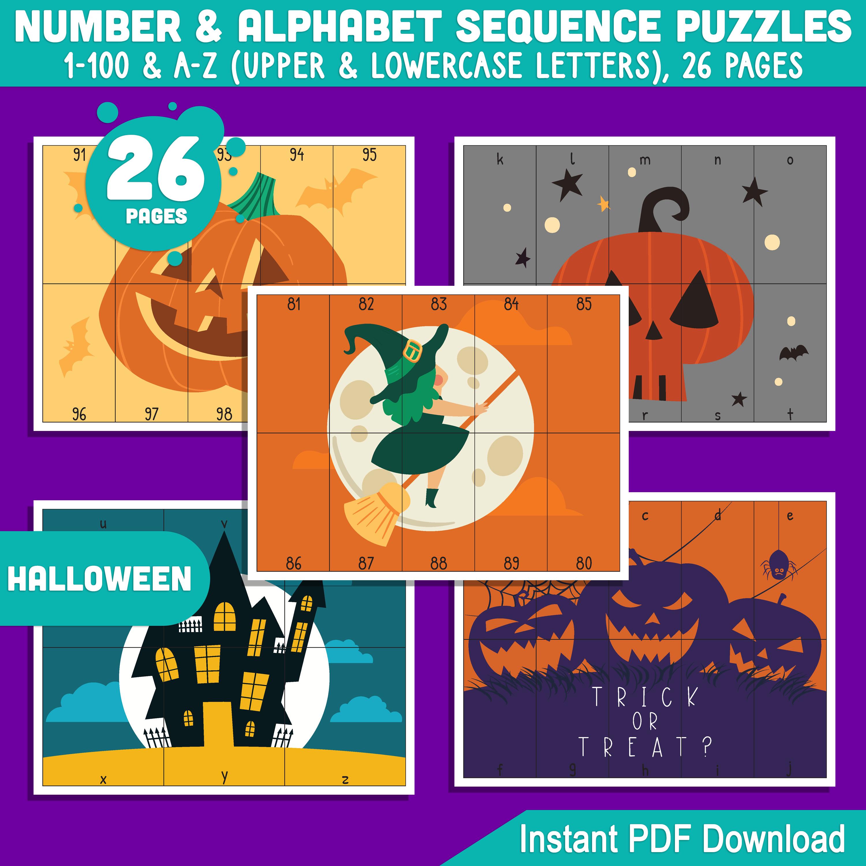 Halloween Number & Alphabet Sequence Puzzles: 1-100 and A-Z Printable ...