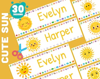 Editable Desk Name Tags for Students: Funny Cute Sun, 30 Designs, 8.5"x11", 2/Page, Size 10"x3.25", Includes Alphabet, Shapes, Numbers 1-20