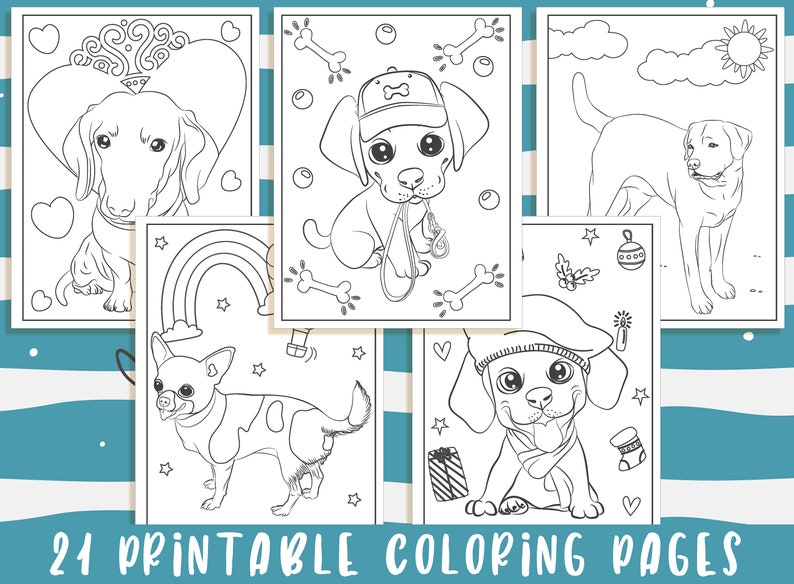 May include: A set of 21 printable coloring pages featuring various dog breeds, including a dachshund, a chihuahua, and a labrador retriever. The pages are black and white and ready to be colored.
