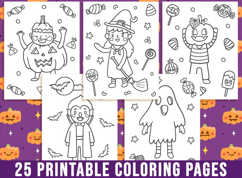 May include: A set of 25 printable coloring pages featuring Halloween characters like a witch, a vampire, a ghost, and a pumpkin. The pages are black and white and ready to be colored.