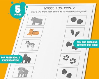 Whose Footprint? Animal Track Matching Activity: 5 Fun Worksheets with Over 25 Tracks for Kids, Instant PDF Download