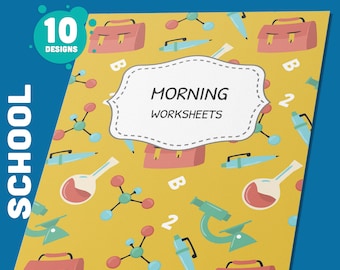 May include: A yellow binder cover with a repeating pattern of science-themed illustrations, including beakers, microscopes, and molecules. The text "MORNING WORKSHEETS" is in a white oval with a black outline.