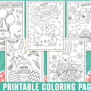 May include: A collection of six black and white Easter-themed coloring pages featuring bunnies, eggs, flowers, and the words "Happy Easter." The phrase "40 Printable Coloring Pages" is at the bottom.