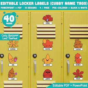 May include: Yellow lockers with editable name tags featuring cute autumn leaf-themed designs. The tags include names like Emma, Sophia, Olivia, Lucas, Ava, Aiden, Henry, Liam, James, and Noah. The image also includes text that says "40 pages" and "Editable PDF + PowerPoint".