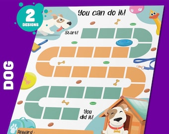 May include: A printable reward chart for kids featuring a dog theme. The chart has a game board layout with a path for kids to follow as they complete tasks. The chart includes the text "You can do it!" and "You did it!" along with images of dog bones, a dog leash, a dog bowl, and a dog house. The chart also includes a space for a reward.