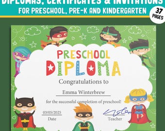 37 Pages of Superhero-themed Diplomas, Certificates, and Invitations for Preschool and Kindergarten, PDF File, Instant Download
