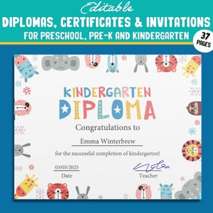 Colección de diplomas, certificados e invitaciones de jardín de infantes y preescolar, 37 páginas editables, archivo PDF, descarga instantánea