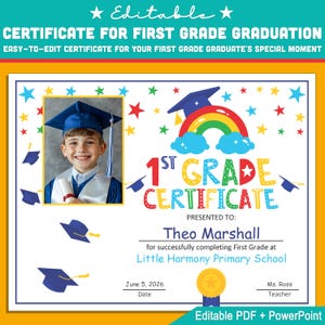 Plantilla de certificado de primer grado con foto: PDF y PowerPoint en tamaño carta editables, personalizables para graduaciones y premios por logros