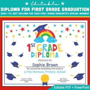 Plantilla editable para diploma de primer grado: tamaño de letra personalizable en PDF y PowerPoint, perfecta para celebraciones de graduación de fin de año