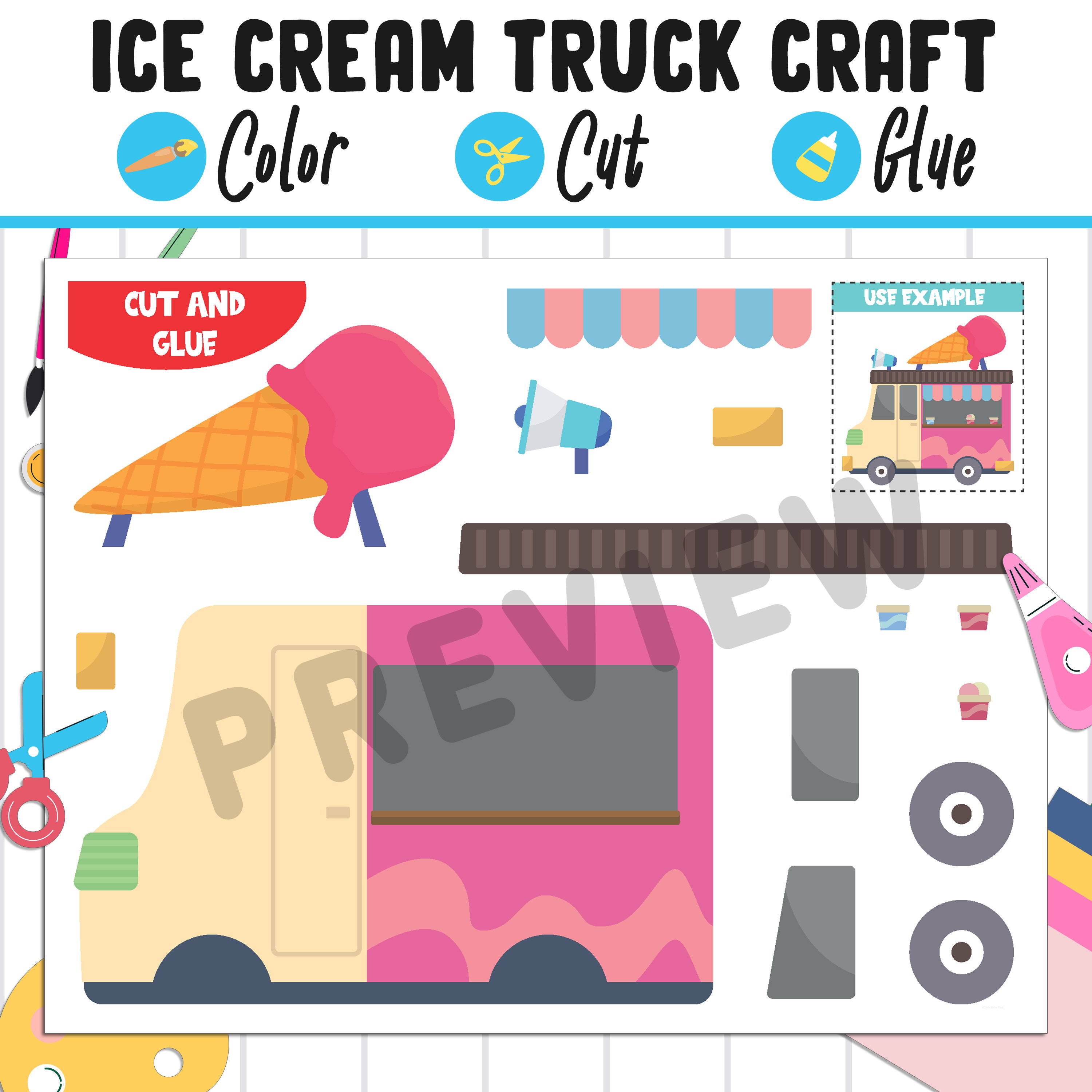 Ice Cream Truck Craft for Kids Color, Cut, and Glue, a Fun Activity