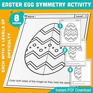 May include: Black and white printable worksheet with 8 Easter egg designs. Each design has a line of symmetry down the middle. The worksheet includes instructions to color both sides of the image so they look the same. The text "Instant PDF Download" is at the bottom of the page.
