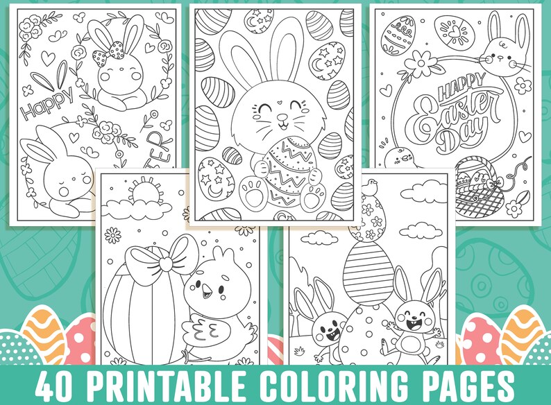 May include: A collection of Easter-themed coloring pages featuring bunnies, eggs, and chicks. The pages include the text "Happy Easter Day" and "40 Printable Coloring Pages". The illustrations are in black and white, ready for coloring.