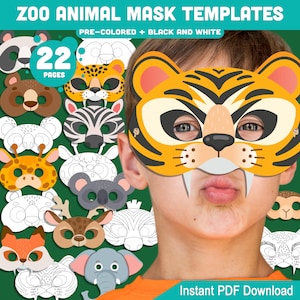 Modelli di maschere di animali della giungla e dello zoo: lavoretti stampabili da 22 pagine per bambini con 11 divertenti design, bianco e nero + precolorati, perfetti per le feste