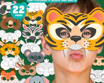 Jungle & Zootiere Masken Vorlagen: 22-seitiges druckbares Bastelset für Kinder mit 11 lustigen Designs, schwarzweiß + vorgefärbt, perfekt für Parties