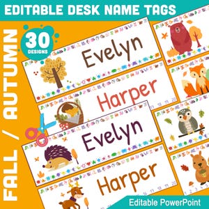 Editable Autumn Desk Name Tags for Students: Cute Fall Designs, 30 Options, 8.5&quot;x11&quot;, 2/Page, 10&quot;x3.25&quot;, Includes Alphabet, Shapes, No. 1-20