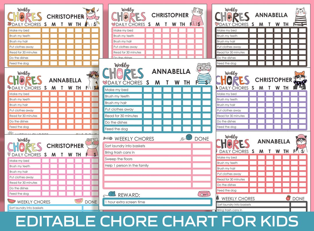 Chore Chart for Kids Cat / Kitten, Printable/editable Chore Chart for ...
