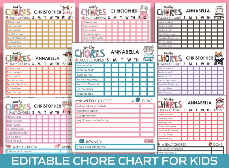Chore Chart for Kids Cat / Kitten Printable/Editable Chore - Etsy México