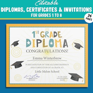 34 bearbeitbare Abschlussdiplome, Zertifikate der 1. bis 8. Klasse, Diplome und Einladungsvorlagen, goldene und grüne Themen, PDF