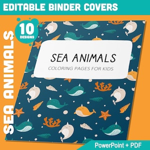 10 capas editáveis de fichário de animais marinhos, inclui lombadas de 1", 1,5", 2", disponíveis em A4 e carta dos EUA, edição com PowerPoint ou leitor de PDF