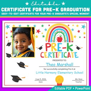 Certificado de prejardín de infantes editable con foto, plantilla de diploma de graduación: PDF personalizable en tamaño carta + PowerPoint para celebraciones de fin de año