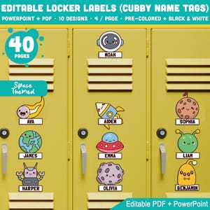 Editable Locker Labels (Cubby Name Tags), Space Themed, 10 Designs, PDF + PowerPoint, Black & White + Color, Back to School Printable Set