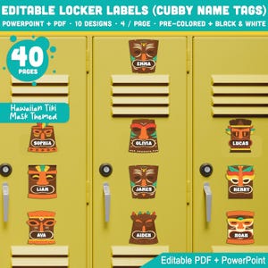 Könnte beinhalten: Gelbe Schließfächer mit Namensschildern im hawaiianischen Tiki-Masken-Design. Die Etiketten zeigen verschiedene farbenfrohe Tiki-Designs mit Namen wie Emma, Sophia, Olivia, Lucas, Liam, James, Henry, Ava, Aiden und Noah. Das Bild enthält den Text: "Editable Locker Labels".