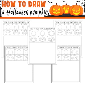 Op de afbeelding: Een printbaar werkblad met instructies over hoe je een Halloween-pompoen kunt tekenen. Het werkblad toont een stapsgewijze handleiding met genummerde stappen voor het tekenen van een pompoen met een griezelig gezicht.