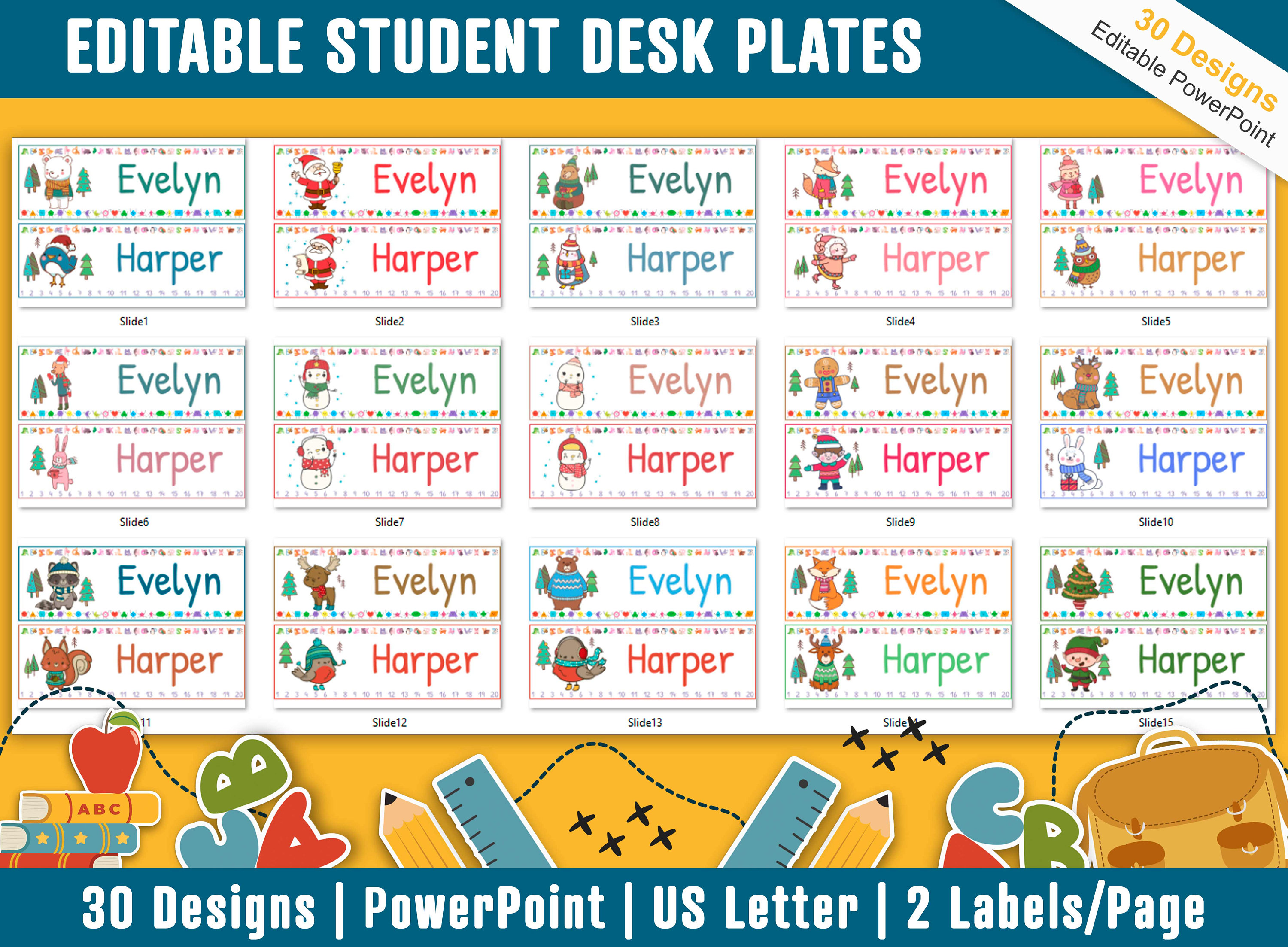 Student Desk Plates 30 Printable/editable Winter/christmas Classroom ...