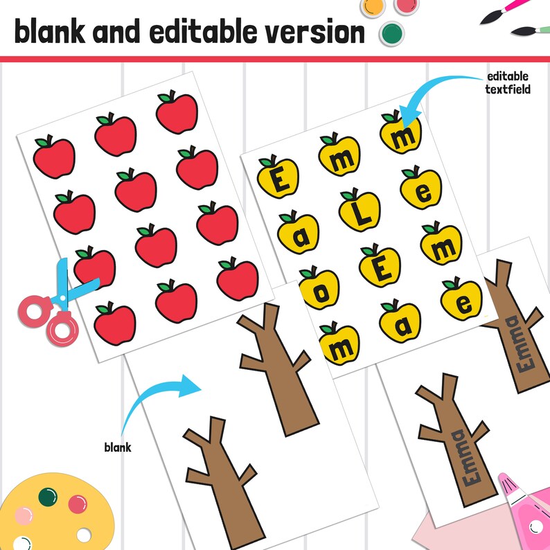 Apple Tree Name Craft Fall Activity, Back to School Bulletin Board, 32 Pages, 2 Sizes, Blank