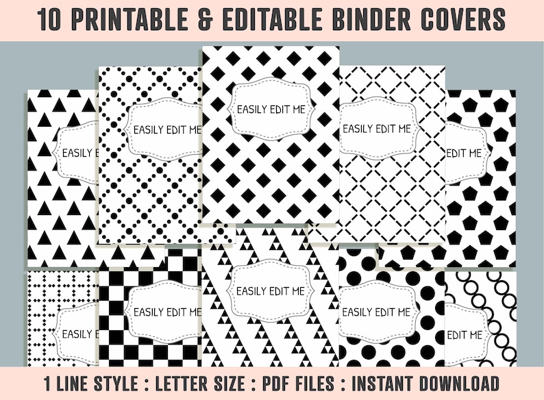 Abstract Black and White Binder Cover, 10 Printable &amp; Editable Binder ...