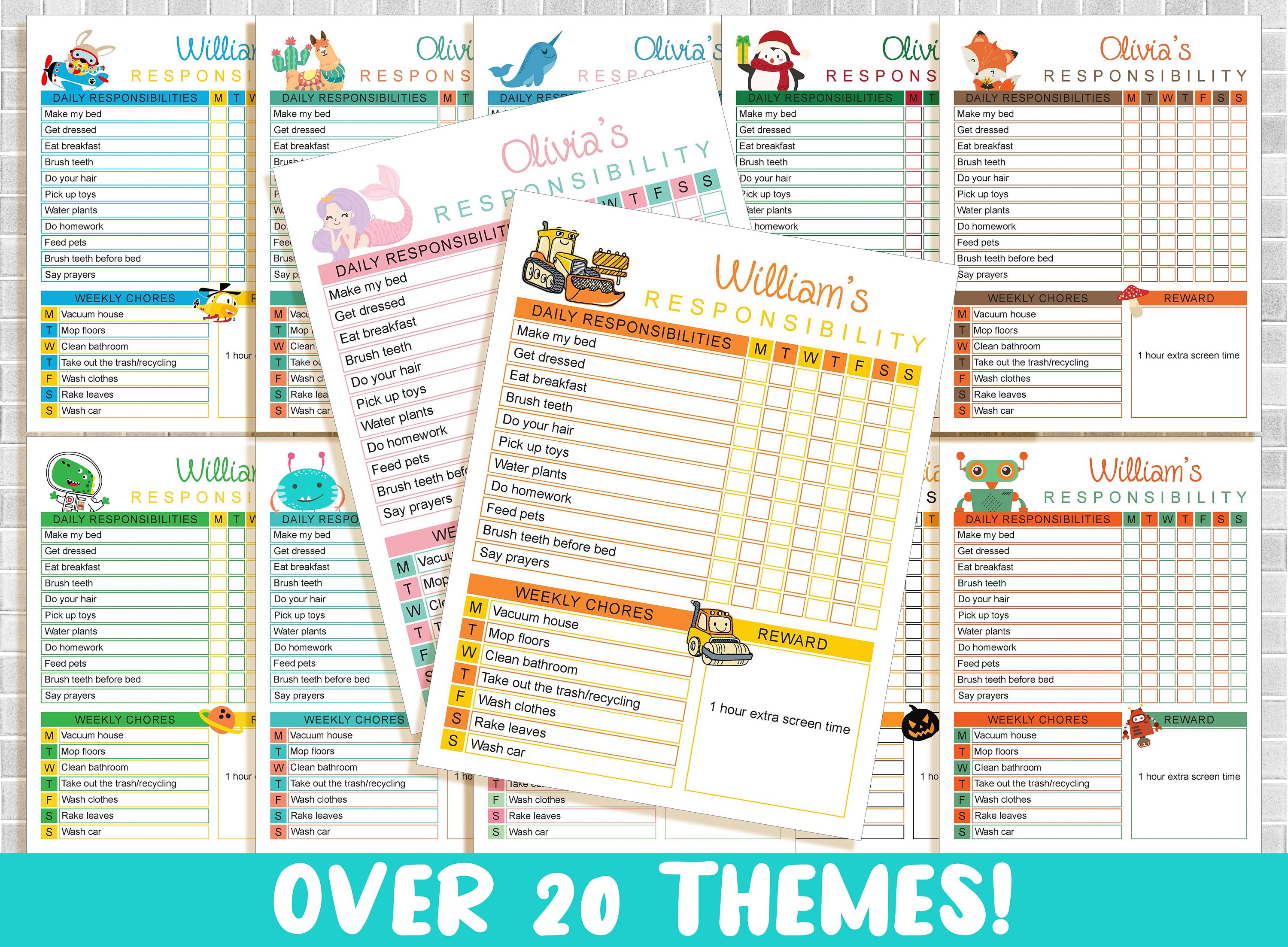 Kids Chore Chart Printable: 20 Editable Responsibility Charts for Daily ...