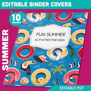 Puede incluir: Una cubierta de carpeta azul con un tema de verano. La cubierta presenta una variedad de iconos de verano, incluyendo un flamenco, un tucán, una sandía y una palmera. El texto "Fun Summer Activities for Kids" se muestra en un cuadro blanco.