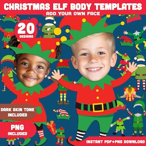 Printable Christmas Elf Body Templates, 20 Designs in Light and Dark Skin Tone, PDF + PNG, Add Your Face Winter Craft for Classroom & Home.