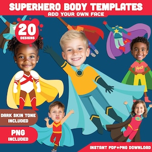 Kids Superheroes Body Clipart Templates – Add Your Own Face to 20 Fun Hero Designs! Light + Dark Skin Tones, PDF + PNG Instant Download